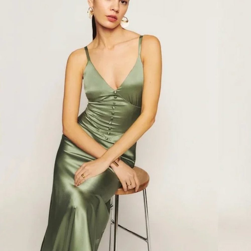 Reformation Satin Olive Slip Maxi Dress - Picture 3 of 9
